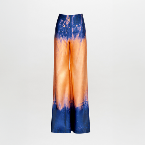 Andie Pant Mediterranean Coral Blue with an abstract two-tone print, isolated on a white background.