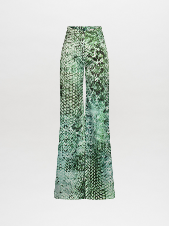 Wide-leg high-waisted Andie Pant Emerald Animal Print, displayed against a plain white background. Available for pre-order now, with delivery starting November 15, 2024.