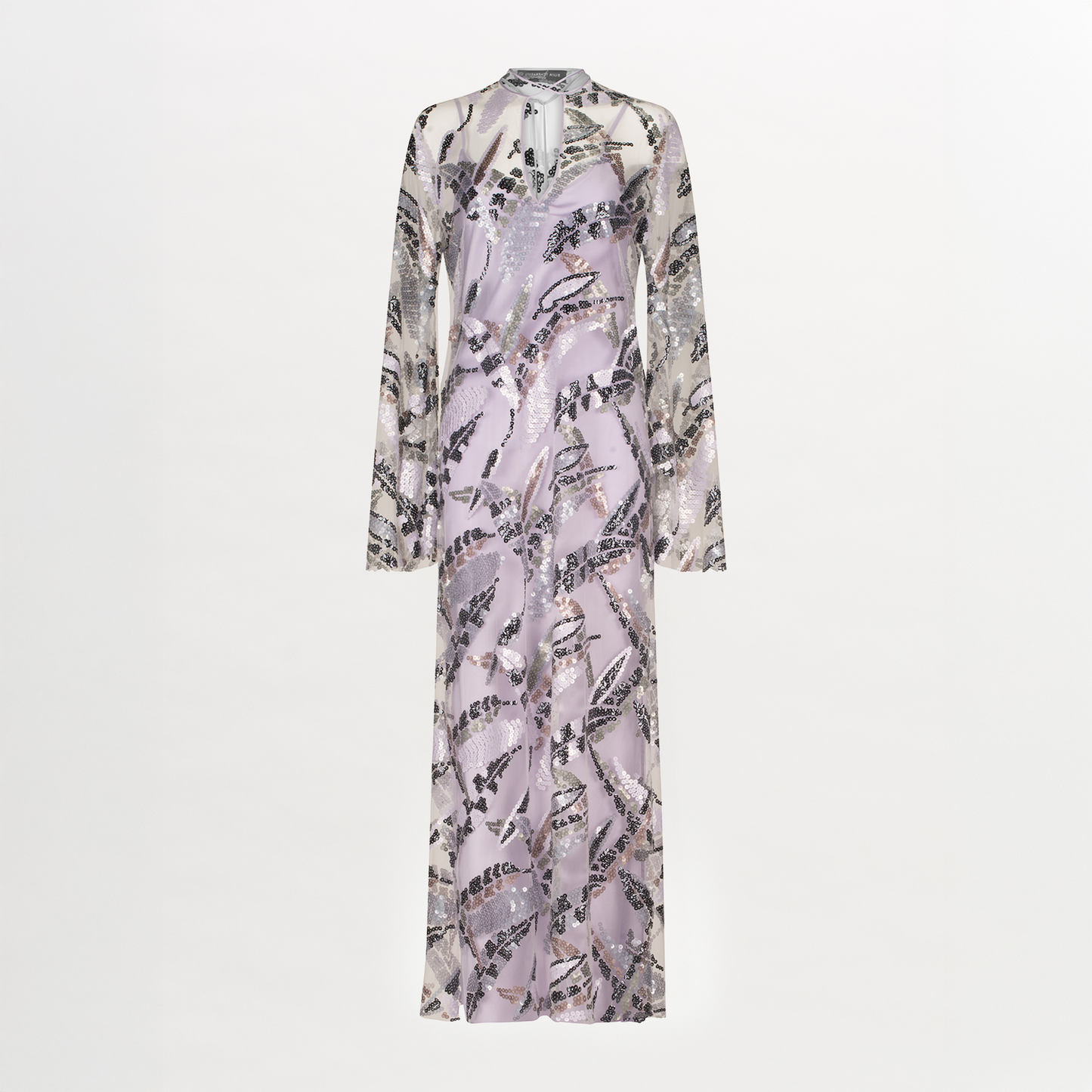 Andria Dress Lavender and Silver with a black and white print.