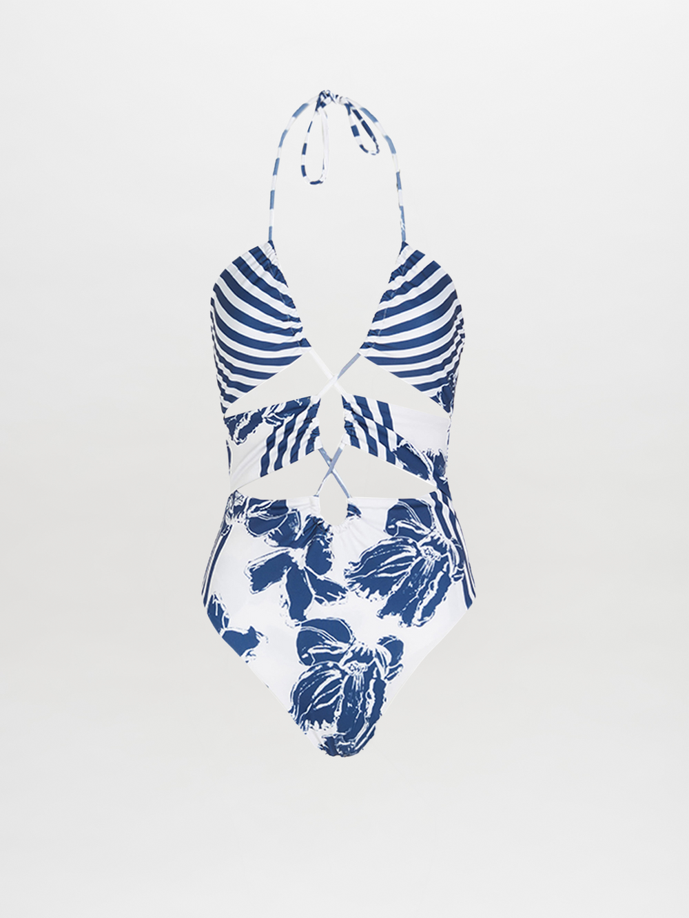 The Arai One Piece Azure Floral Stripes features a halter neck, floral striped print on top, bold blue florals on the bottom, and stylish waist cut-outs for a chic look.