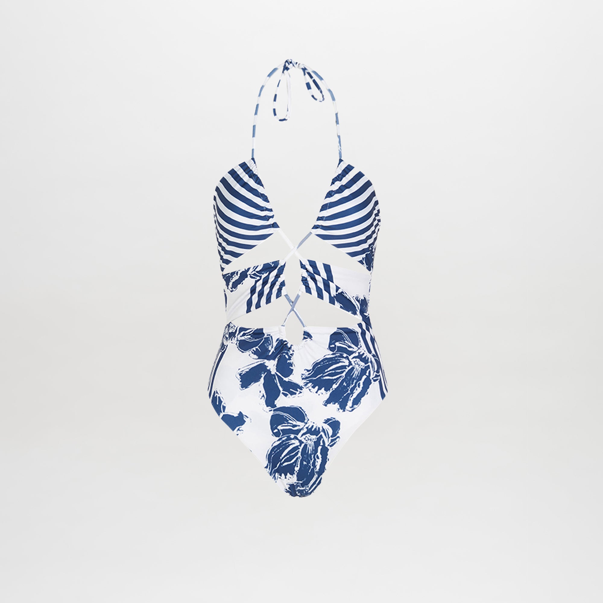 The Arai One Piece Azure Floral Stripes is a stylish swimsuit with a halter neck, chic cutouts, a blue and white striped top, and a floral striped print bottom on a crisp white background.
