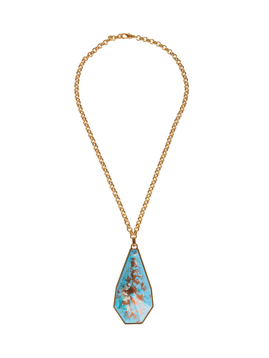 Ascoli Necklace Aqua with a large, teardrop-shaped Petralux® fantasy stone pendant featuring an intricate tree design, isolated on a white background.