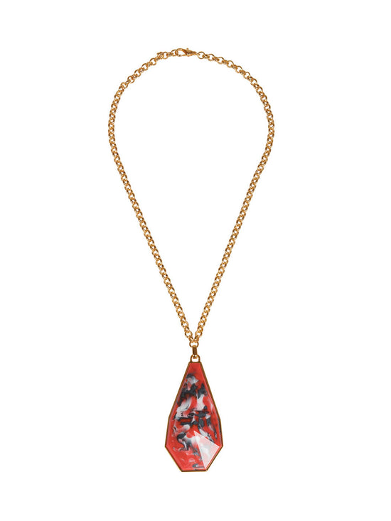 Ascoli Necklace Rouge with a large, red and black marbled Italian resin pendant shaped like a teardrop.