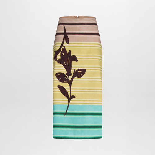 A-line high-waisted midi Atira Skirt Meadow View featuring horizontal multicolor stripes in brown, cream, yellow and teal, with a large brown floral print on the front.