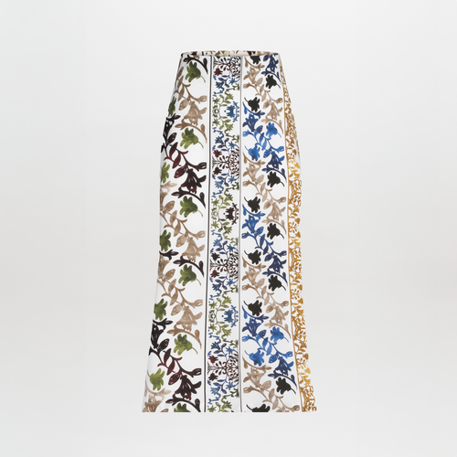 Long Atira Skirt Multi Sepia Floral with vertical multicolored abstract stripes isolated on white background.