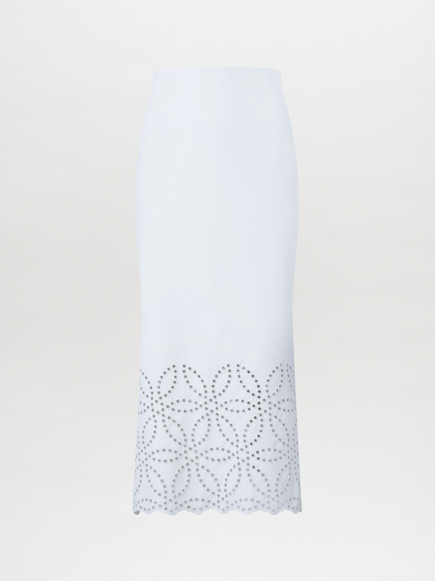 Atira Skirt Pearl high-waisted midi skirt with laser-cut floral hem design, isolated on a white background.