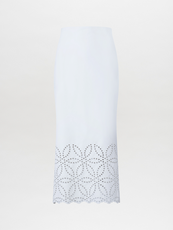 Atira Skirt Pearl high-waisted midi skirt with laser-cut floral hem design, isolated on a white background.