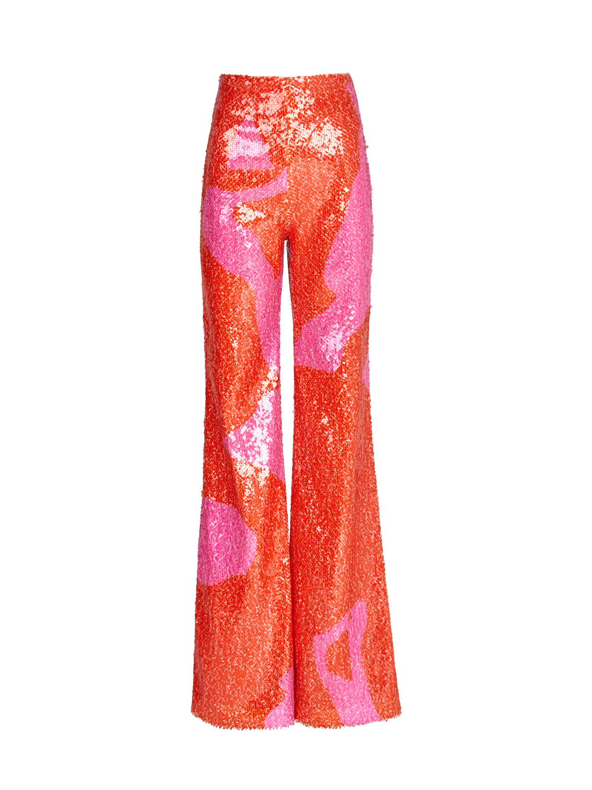 A woman's Avellino Pant Pink Red Marble in orange and pink, offering a figure-favorable fit for Resort 2024.