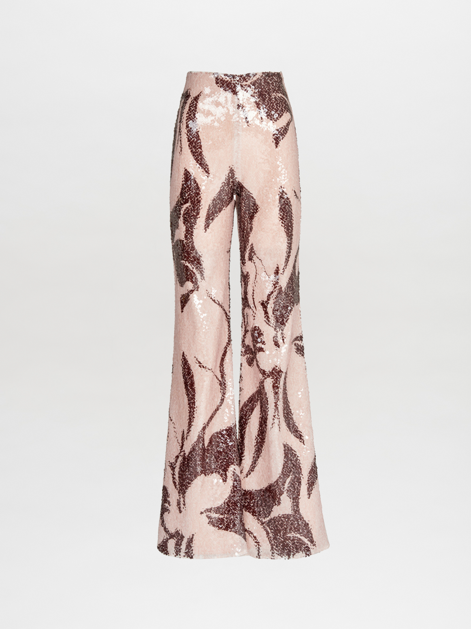 Avellino Pant in pink sequined flared design, showcasing a bold abstract floral pattern on a white background.