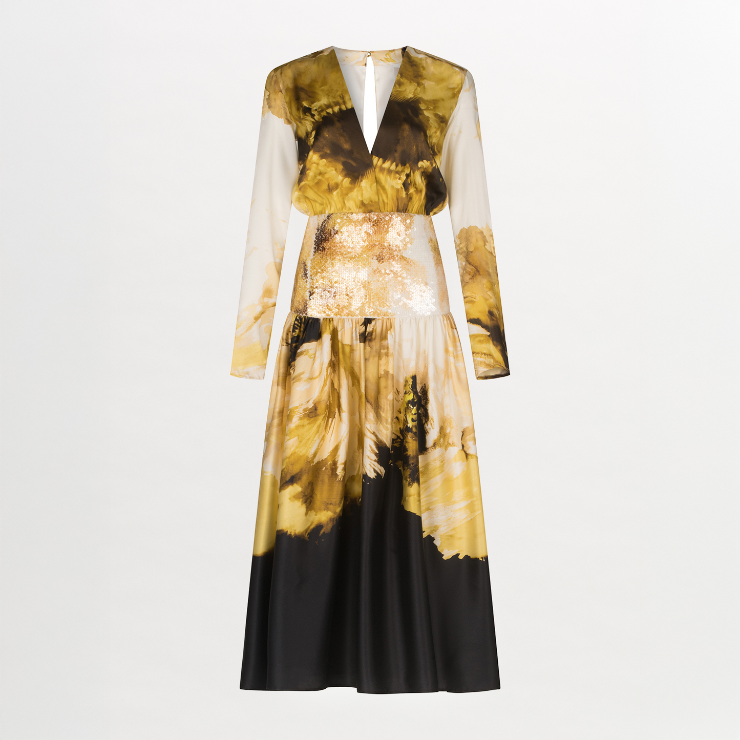 A Azalena Dress Golden Peony with a floral print in gold and black.
