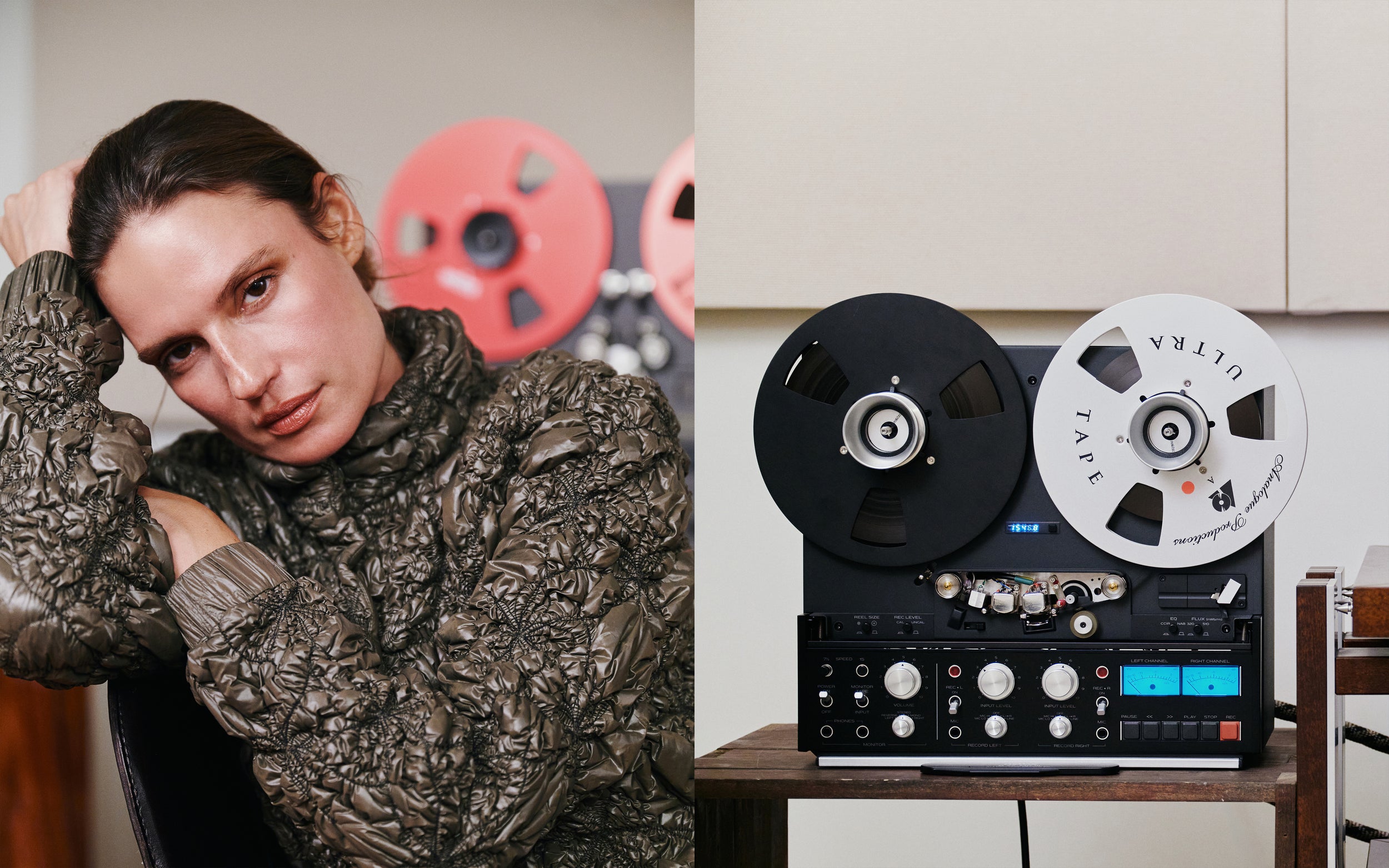 A split image showing a woman in a textured metallic brown turtleneck on the left, and a vintage black reel-to-reel tape recorder with white and black reels on a wooden table on the right.