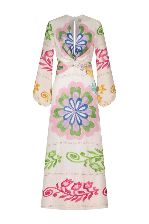 A Battia Dress Multicolor Floral Print with abstract multicolor print flowers on linen fabric.