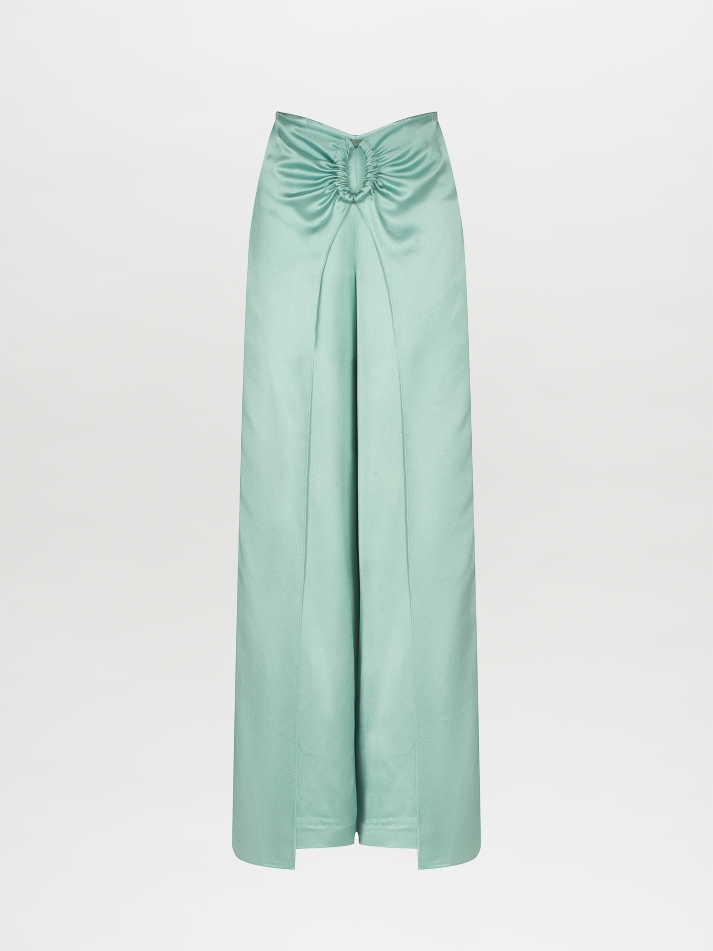 Introducing the Belma Pant: a long, teal skirt-inspired pant with a high waist and wide leg silhouette, highlighted by a central pleat and a gathered design at the top.