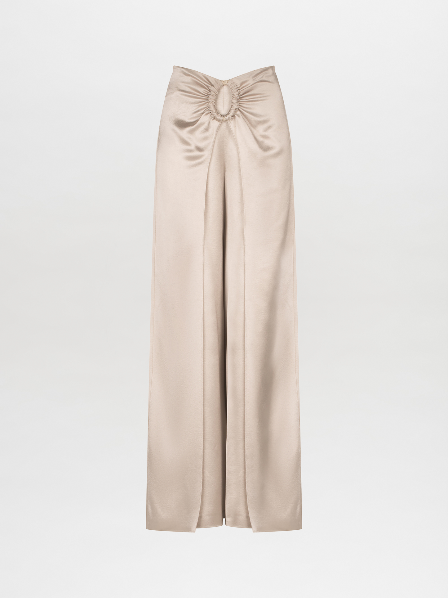 Beige high-waisted Belma Pant Ecru with a bow at the waist, featuring a wide leg silhouette.