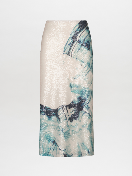 A high-waisted midi Blair Skirt Navy Abstract Wave in blue and white sequins fabric with an abstract print of waves.