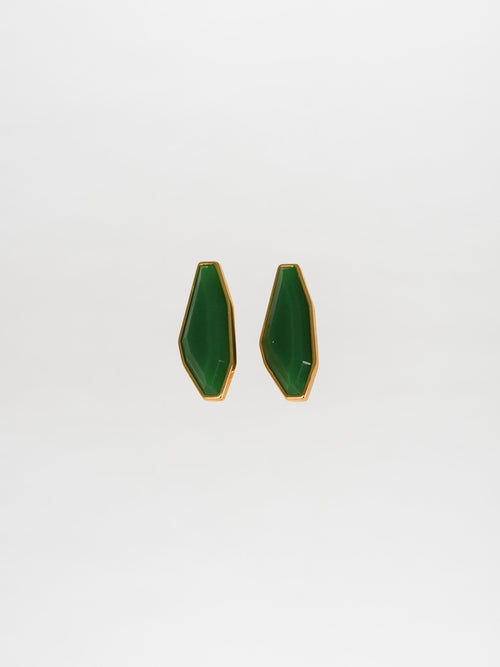 Badra Earrings Emerald: Elegant green geometric earrings with gold trim on a white background, highlighting the beauty of Italian resin.