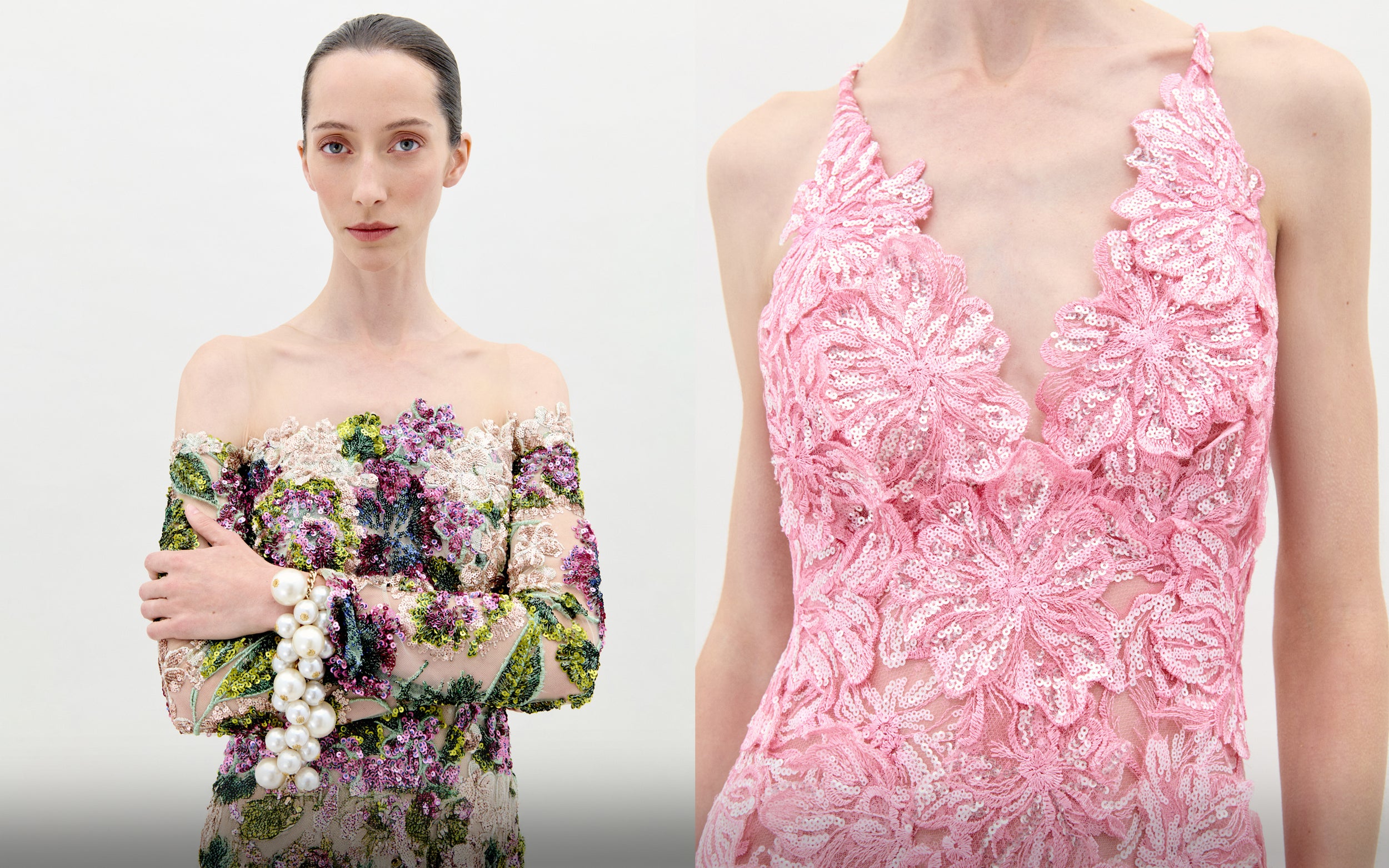 Two dresses, one floral off-shoulder and one pink lace halter neck, on a plain background.