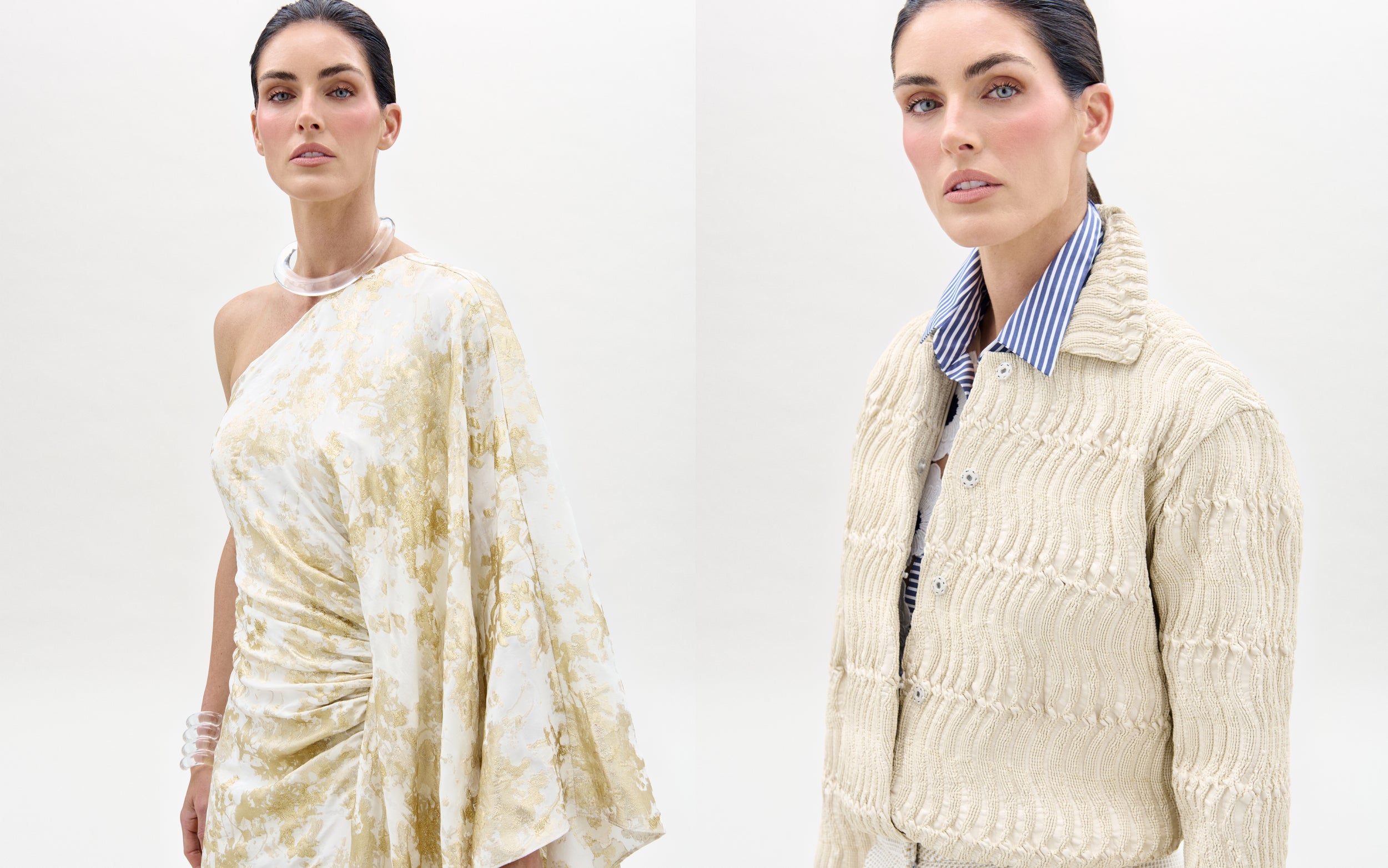 Two women wearing light-colored clothing against a white background