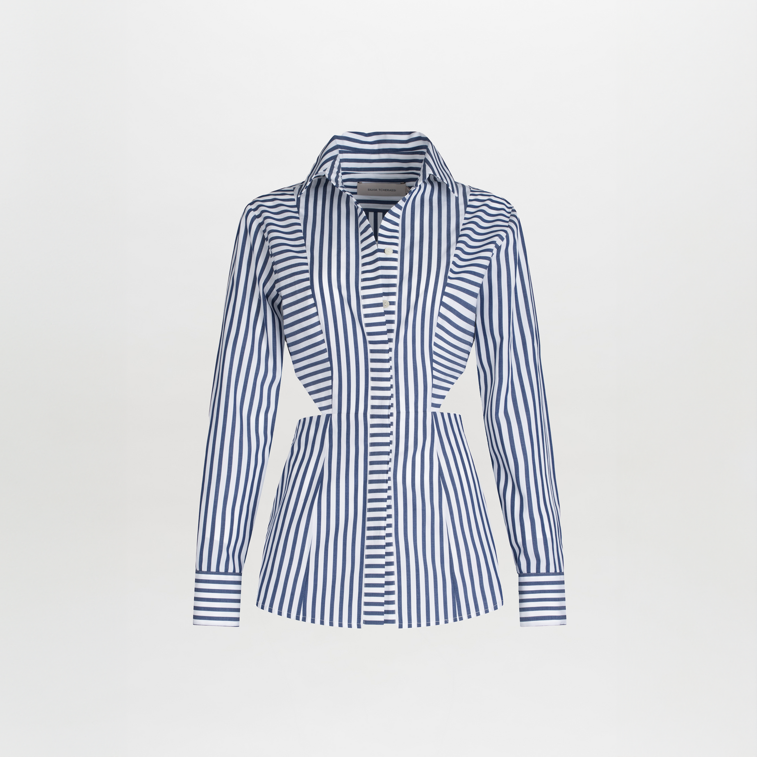 Fergie Top Blue Stripes with long sleeves and a shirt collar, displayed on a white background.