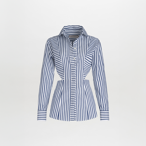 Fergie Top Blue Stripes with long sleeves and a shirt collar, displayed on a white background.