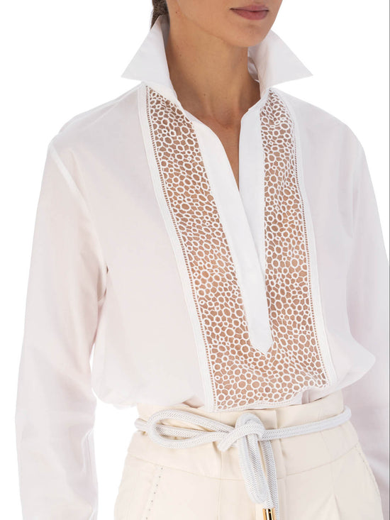 Bega blouse white with a lace-detailed collar and v-neckline on a plain background.