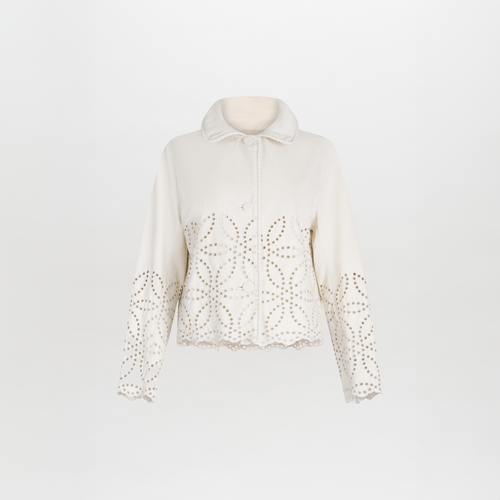 A white Belen Jacket Pearl with a high collar and decorative eyelet perforations on a plain background.