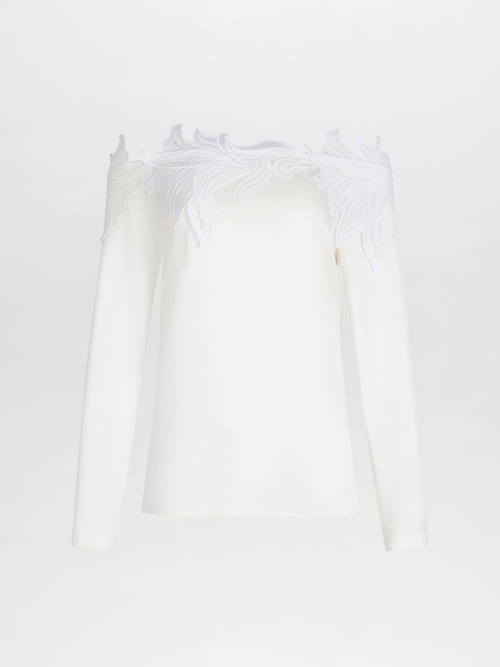 Belinda Blouse White with ornate Guipure lace detailing on the shoulders and cut-out accents, displayed on a plain background.