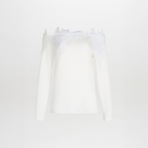 Belinda Blouse White with ornate Guipure lace detailing on the shoulders and cut-out accents, displayed on a plain background.