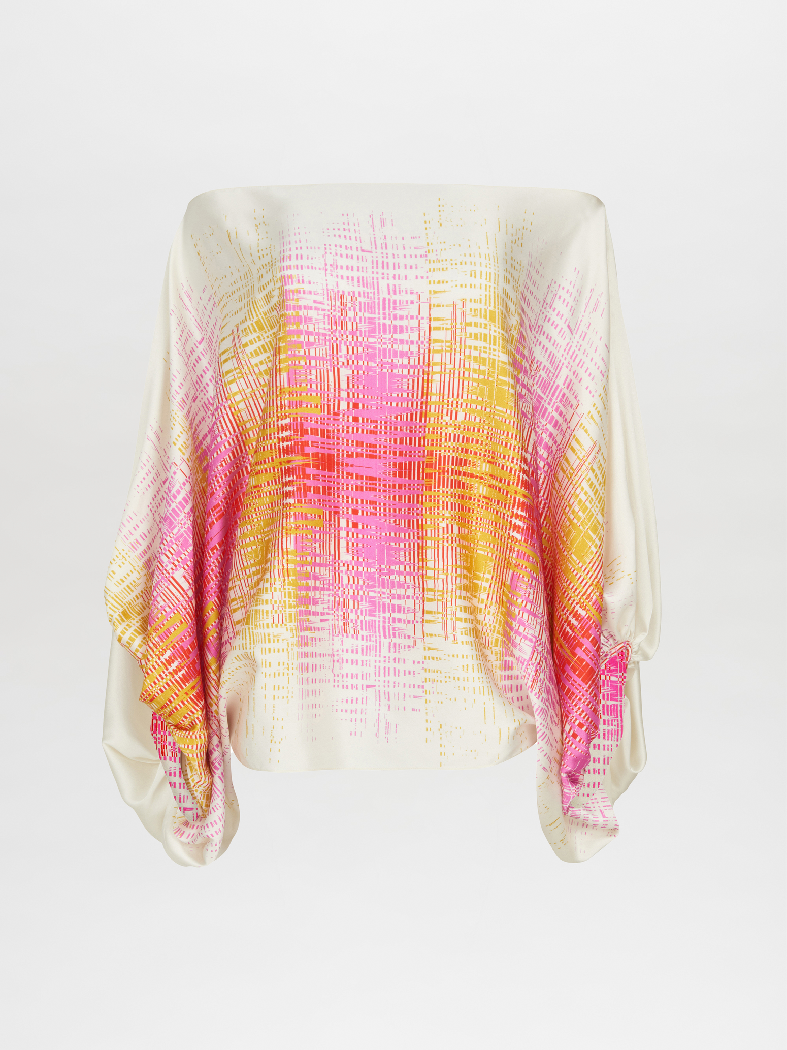 A Bellagio Blouse White Digital with a color block print in pink, yellow, and orange.