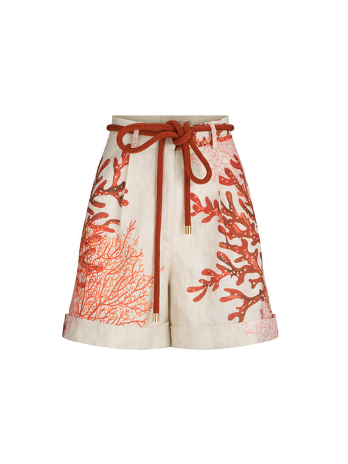 Bimba Bermuda Multi Coral high-waisted shorts with a red drawstring, displayed on a white background.