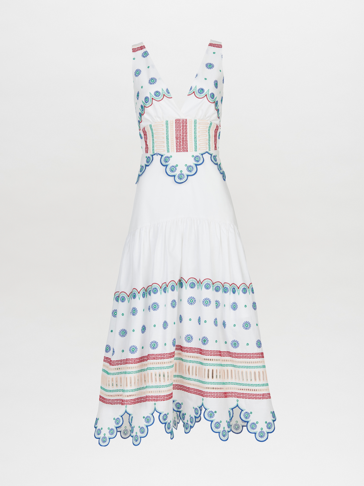 A Biset Dress White Blue with colorful embroidered details.