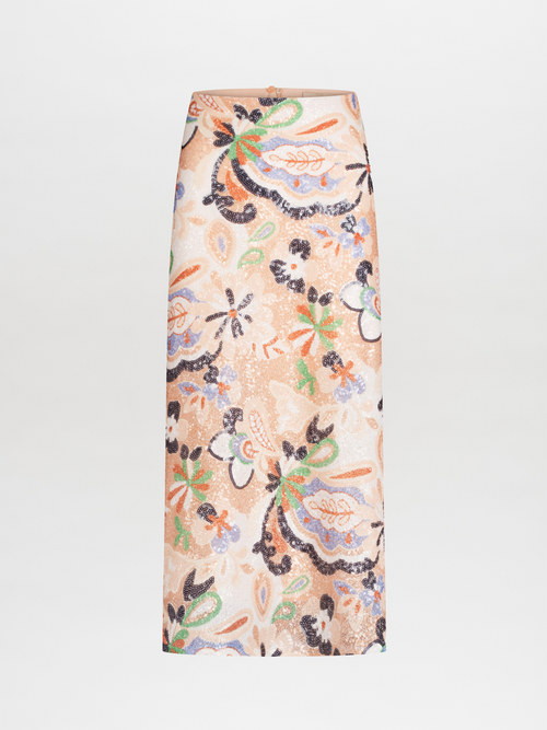 An abstract floral print Blair Skirt Multi Pastel Sequins with beige background and multicolored embroidery isolated on a white background.