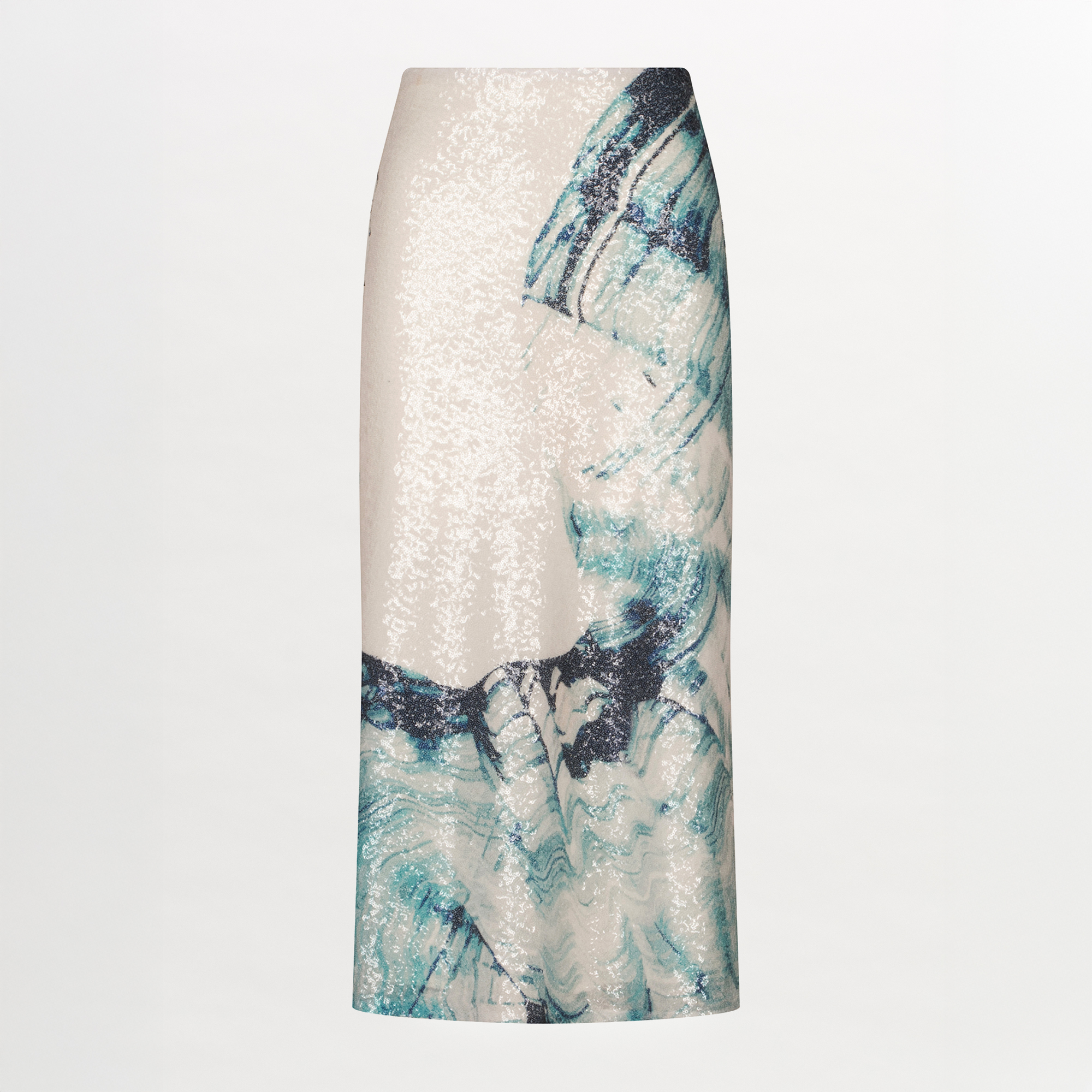 A high-waisted midi Blair Skirt Navy Abstract Wave in blue and white sequins fabric with an abstract print of waves.