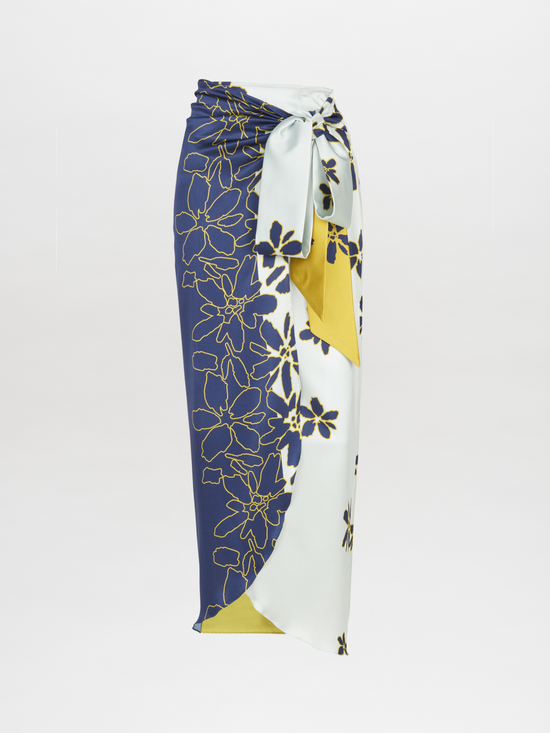 A women's Bonnan Skirt Navy Citrine with a floral print of yellow and blue flowers.