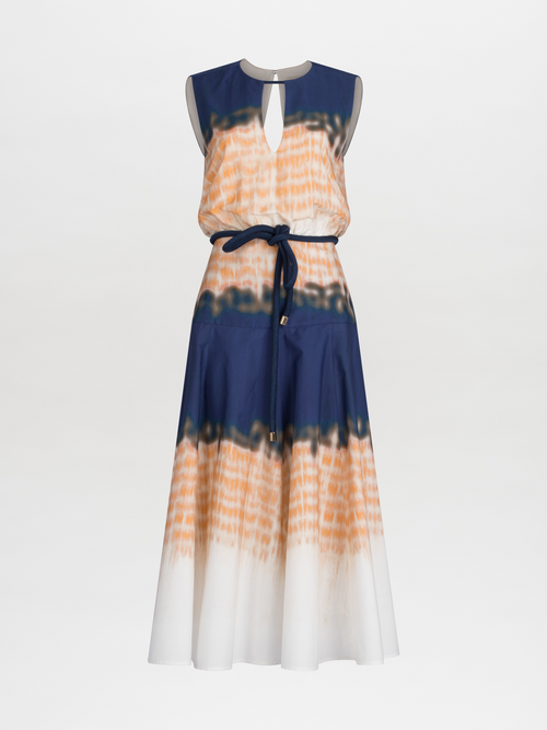 Bora Dress Mediterranean Coral Blue with abstract multicolor print, featuring a keyhole neckline and a navy belt.