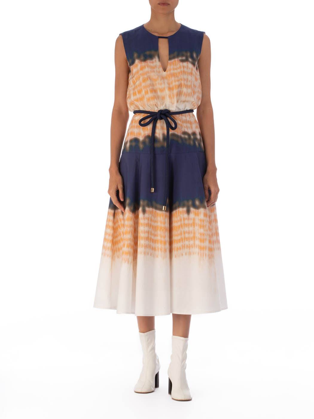 Bora Dress Mediterranean Coral Blue with abstract multicolor print, featuring a keyhole neckline and a navy belt.