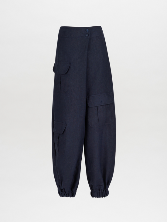 Brandon Pant Navy Linen with elastic cuffs.