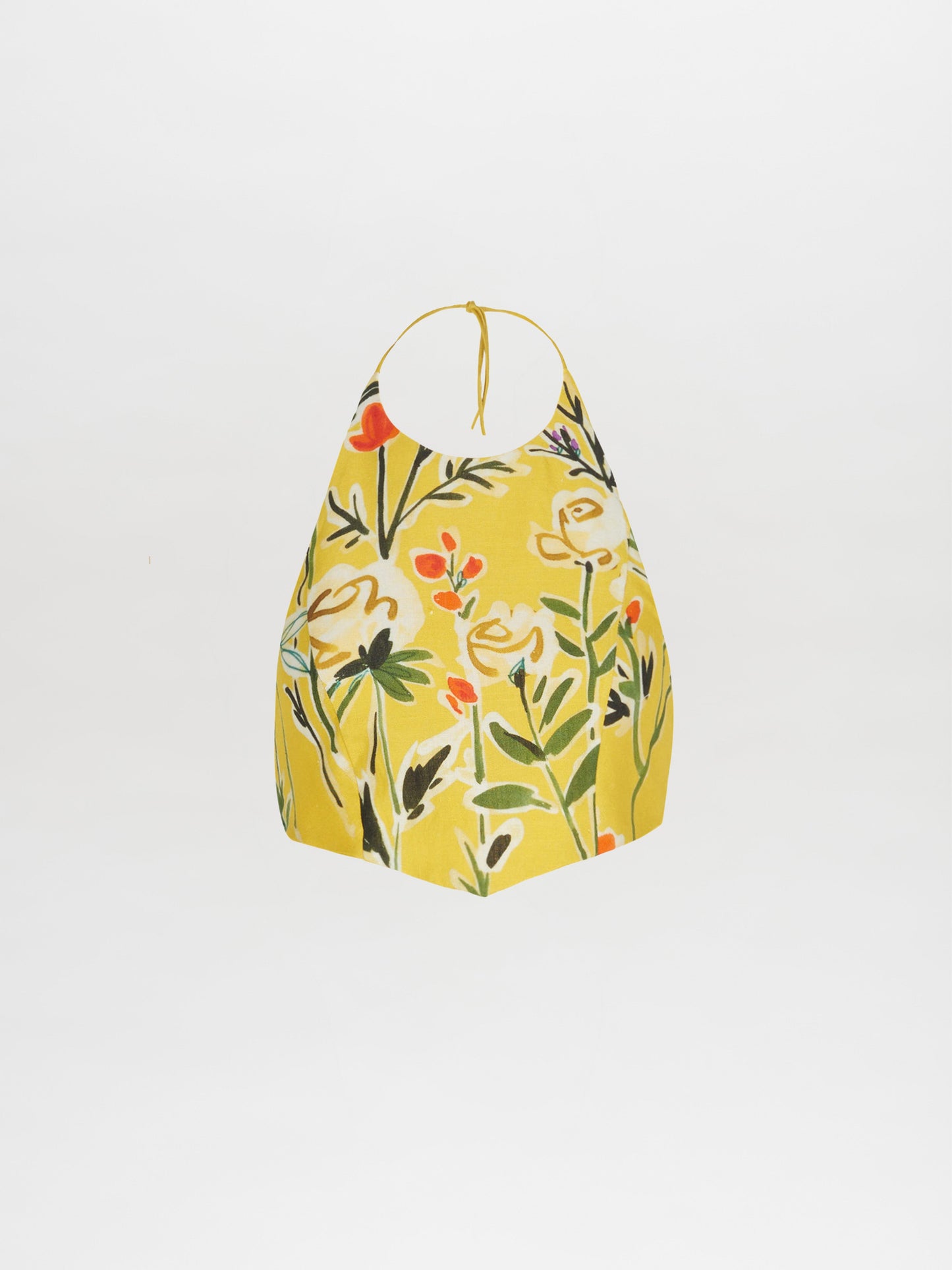 A Bruna Top Golden Wallflowers with a vibrant floral pattern in yellow, orange, and green on a white background features a cropped silhouette.