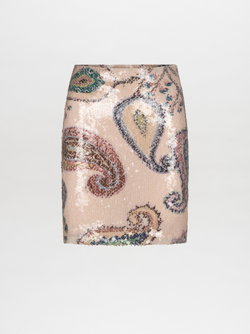 The Carey Skirt Blue Green Paisley is a high-waisted mini skirt featuring sequins and an abstract paisley print on a light background.