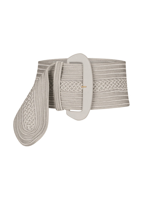A Chenoa Belt Gray with a white buckle made of fabric.