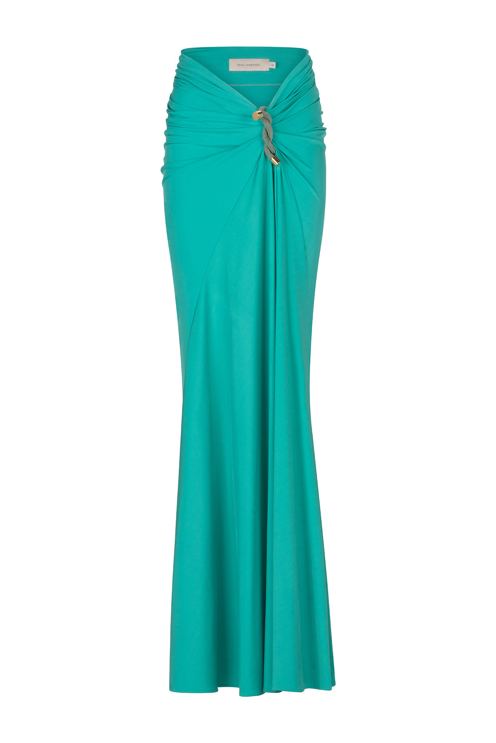 A teal Claudia Skirt Aqua with an asymmetric waistline.