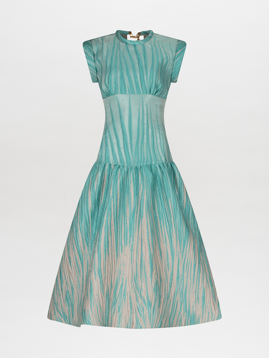 The Conza Dress Aqua Abstract Ripple is a sleeveless midi dress in teal and beige, made from multicolor textured taffeta with a fitted silhouette, flared skirt, and subtle vertical stripe pattern.