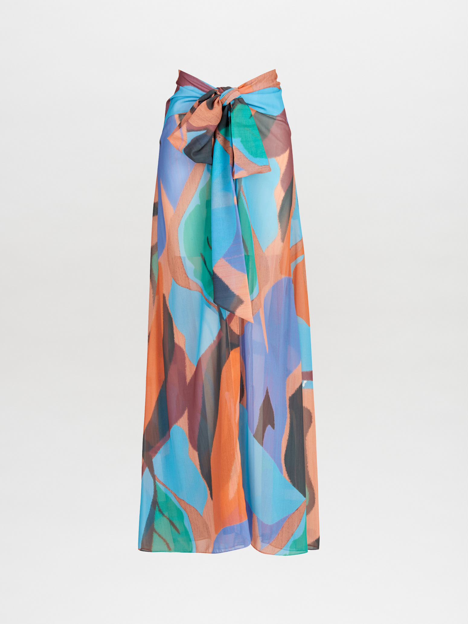 A woman's Cagliari Skirt Pareo Pastel Multi Swirls with a colorful print on it.