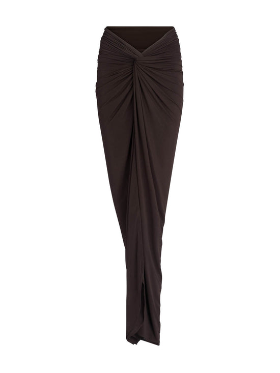 Calixta Skirt Brown draped silhouette asymmetrical skirt on a white background.