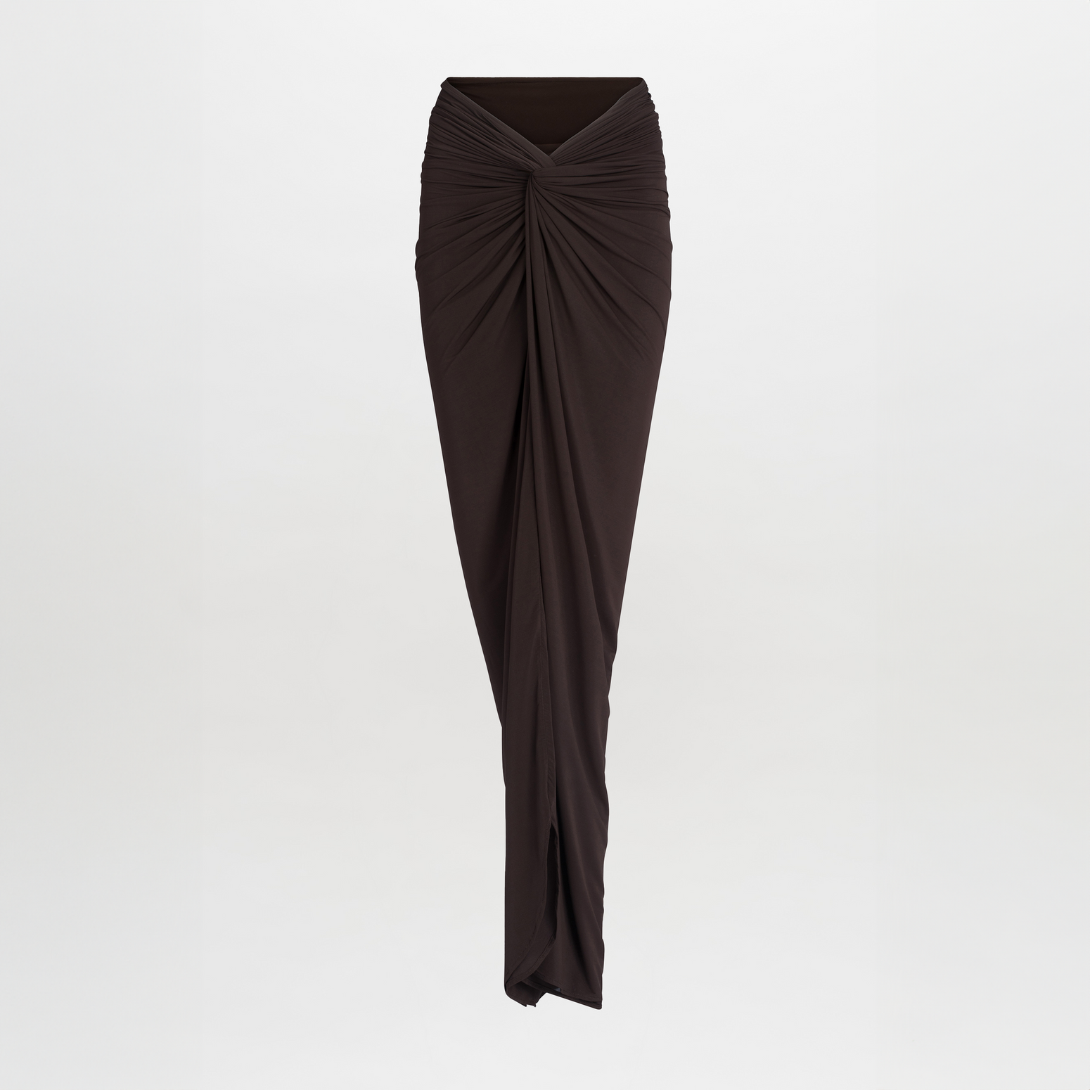 Calixta Skirt Brown draped silhouette asymmetrical skirt on a white background.