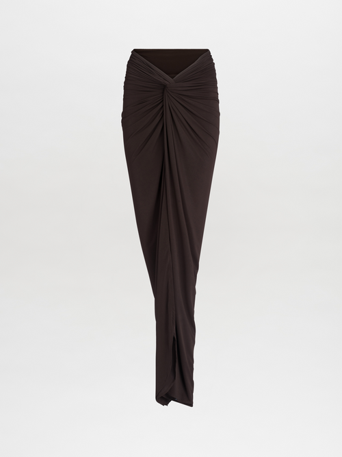 Calixta Skirt Brown draped silhouette asymmetrical skirt on a white background.