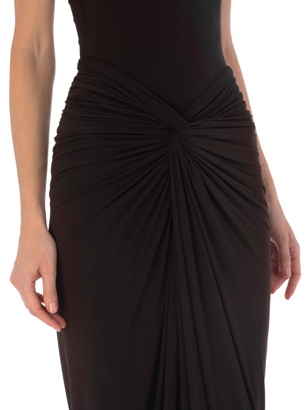 Calixta Skirt Brown draped silhouette asymmetrical skirt on a white background.