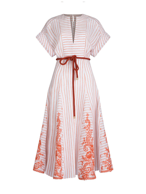 Casandra Dress Coral Paisleys Stripes with short sleeves and a v-neckline, accented by a red drawstring waist and ornate patterns along the hem.