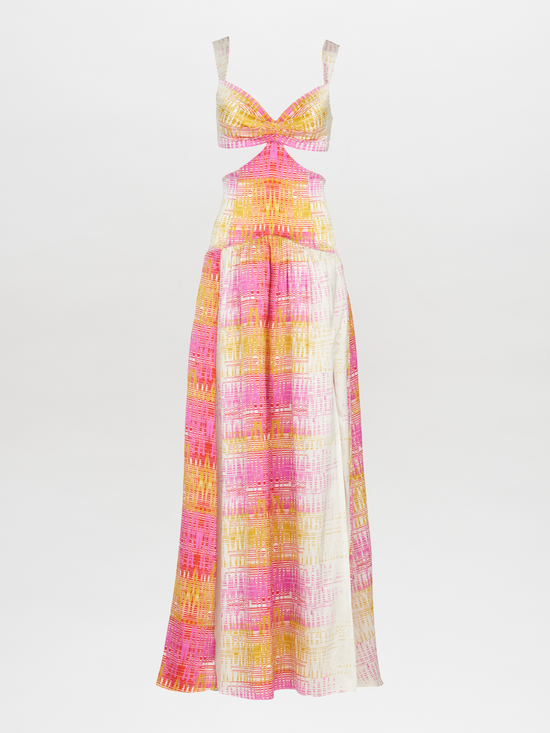 A Cervo Dress White Digital with a colorful, digital electric print in pink, yellow, and white tones, featuring cutout details at the waist and a front knot detail.