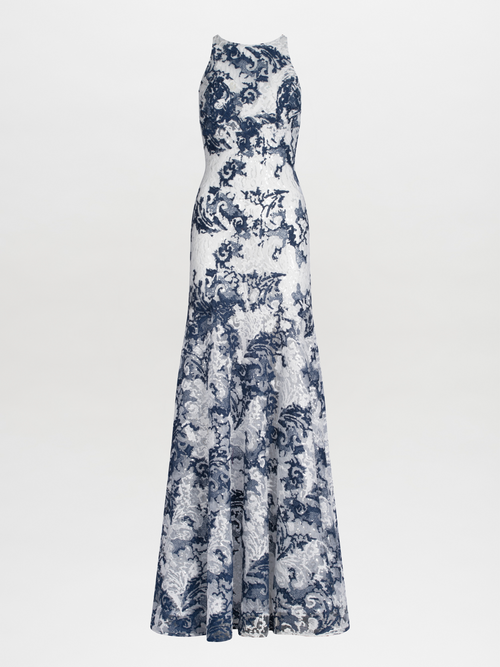 Chenoa Dress Navy White Embroidery displayed against a white background.